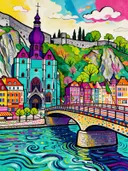 Dinant, Collegiale in bonte kleuren, schilderij van Dinant