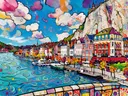 Dinant, Maasoever in bonte kleuren, schilderij van Dinant