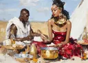 Schilderij van een man en vrouw die eten bij een tent in de woestijn