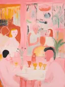 Abstract gestileerde figuren aan tafel met wijnglazen tijdens een diner in roze tinten