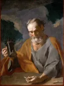 Diogenes van Giuseppe Antonio Petrini: figuren met oude man, lantaarn, baard en mantel, in donkerbruin en oker
