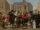 Diogenes zoekt een mens (Historiserend portret van de familie Steyn) van Caesar van Everdingen: figuren met menigte, kerk, plein en honden, in bont met rood en wit