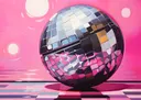 Illustratie van een glanzende discobal boven een roze geblokte dansvloer