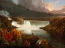 Distant View of Niagara Falls van Thomas Cole: landschap met waterval, rotsen, bomen en herfst, in warm oranje met grijs