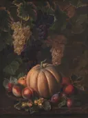 Divers fruit, met meloen en druiven van Johan Laurentz Jensen: stilleven met fruit