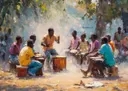Groep drummers speelt djembe onder schaduwrijke bomen