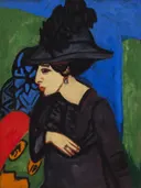 Dodo with a Feather Hat van Ernst Ludwig Kirchner: portret met vrouw, verenhoed, profiel en kleurvlakken, in blauw en groen met rood