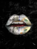 Schilderij van lippen opgebouwd uit honderd dollarbiljetten op zwarte achtergrond