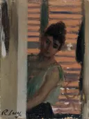 Dona rera persiana (Woman Against a Blind) van Ramon Casas: portret met vrouw, jaloezie, raam en licht, in warm oranje en grijs