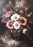 Schilderij van een donker boeket met pioenrozen en rozen