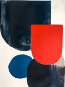 Abstract schilderij met donkerblauwe en rode vormen