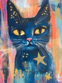 Schilderij van een donkerblauwe kat met gouden sterren en gele ogen tegen een roze en oranje achtergrond