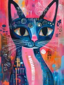 Donkerblauwe kat met oranje ogen tegen een roze-oranje graffiti-achtige achtergrond
