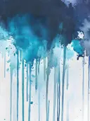 Abstract schilderij met teal verfdruppels op een donkerblauwe achtergrond