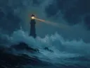Schilderij van een donkerblauwe vuurtoren met brandend licht tijdens een nachtelijke storm