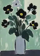 Schilderij van donkere anemonen in een grijze vaas