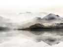 Waterverf schilderij van donkere bergen die spiegelen in een meer.