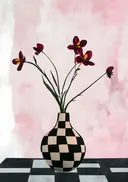 Schilderij van donkerrode bloemen in een geblokte vaas