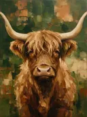 Schilderij: donkere hooglander in aardetinten