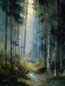 Donkere stammen in de mist, landschap schilderij