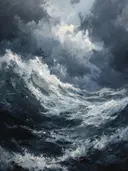 Landschapsschilderij van een donkere, stormachtige zee