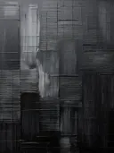 Abstract schilderij met donkere antracietkleurige textuurvlakken.