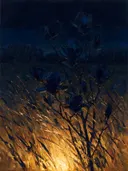 Donkere weide met gloed in inktblauw, botanisch schilderij