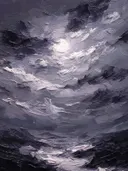 Kolkende donkere wolken met verscholen maan, olieverfschilderij in paars-grijstinten