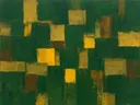 Donkergroen en mosterd in twintig vakken, abstract schilderij met het paletmes