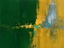 Donkergroen en mosterd met gouden naad, abstract schilderij met het paletmes