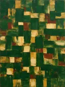 Abstract schilderij met het paletmes in donkergroen en oker
