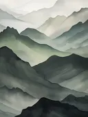 Waterverf schilderij van donkergroene bergruggen onder een lichte hemel.