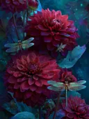 Schilderij van donkerrode dahlia's met libellen in de nacht