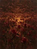 Donkerrood veld met lichtspikkels in bordeaux, botanisch schilderij