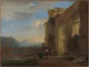 Donkey Drivers beside a ruin in Italy van Jan Asselijn: landschap met ruine, aquaduct, ezels en reizigers, in warm okerbruin en blauw