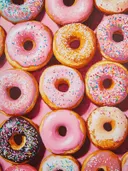 Schilderij van donuts met glazuur en gekleurde sprinkles.