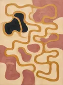 Doolhof in de stijl Modern Bauhaus, in warm oker, zachte crème en verstoft roze, met een diepzwart accent