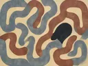 Doolhof in de stijl Modern Bauhaus, in gedempt blauwgrijs, romige crème en terracotta, met een diepzwart accent