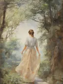 Aquarel van een vrouw die door een zonnig bos wandelt