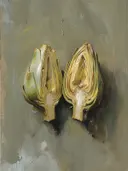 Stilleven met twee doorgesneden artisjokken