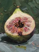 Macro schilderij van een doorgesneden vijg op groene achtergrond