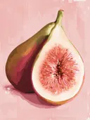 Schilderij van een doorgesneden vijg naast een hele vijg tegen een roze achtergrond.