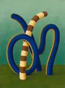 Doorgestoken ring in kobalt en oker, schilderij van doorgestoken ring
