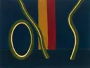 Schilderij van doorgestoken ring in olijf en crème, in vlakke kleurvlakken