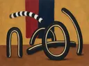 Schilderij van doorgestoken ring in zwart en gebroken wit, in vlakke kleurvlakken