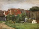 Dorfhäuser mit Sonnenblumen 1890 van Max Liebermann: landschap met dorp, huizen, zonnebloemen en tuin, in groen en rood