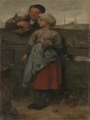 Dorpelingen van Jacob Maris: figuren met vrouw, kind, dorp en hek, in warm bruin en rood