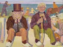 Dorpelwachters der zee van Jan Toorop: figuren met mannen, hoge hoed, kust en symbolisch, in fel geel rood en blauw