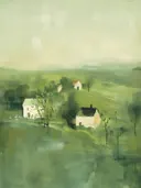 Schilderij van witte huizen in een groen landschap