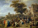 Dorpsfeest van David Teniers the Younger: figuren met wijn, vat en hoed